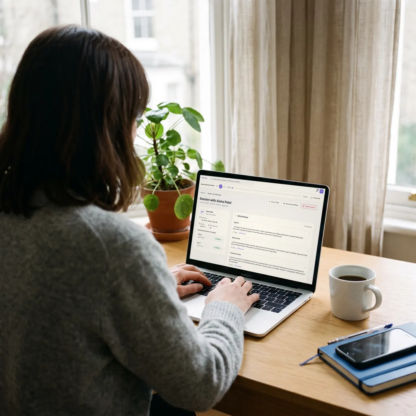 A therapist reviews a finished session note in Flutura on her laptop.